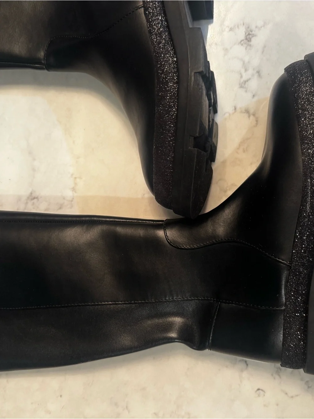 Steve Madden Black Leather Knee-High Boots with Glitter Platform
